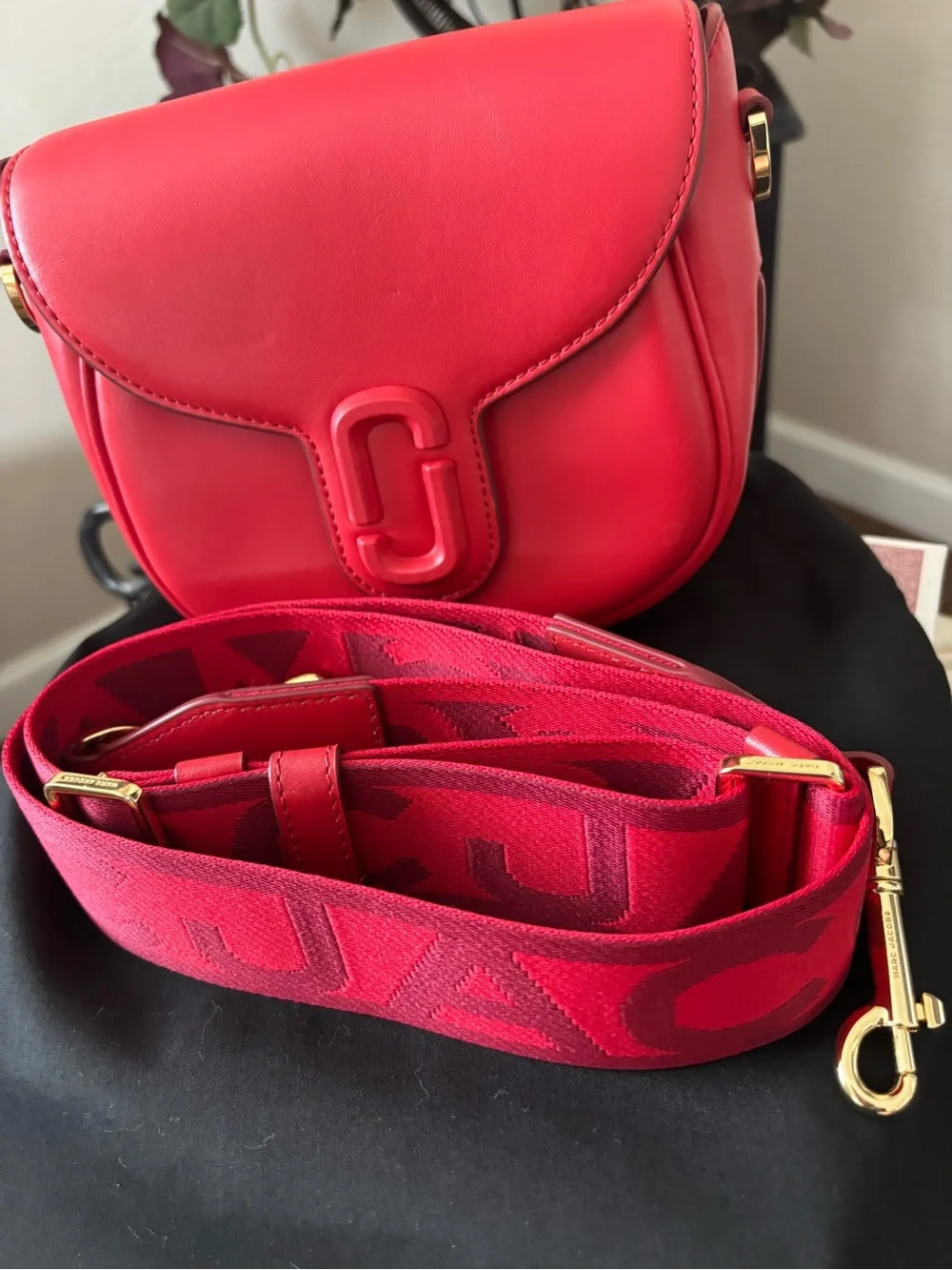 Marc Jacobs Bright Red Crossbody Saddle Bag with Logo Strap